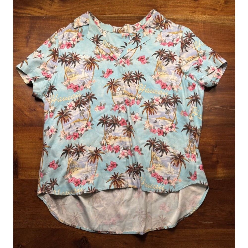 Tommy Bahama Womens L Silk Camp Shirt Blue Hawaiian Palm Tree Hi-Low Aloha